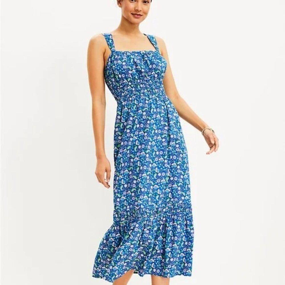 Loft Womens Plus XXL Blue‎ Floral Smocked Maxi Dress Sleeveless